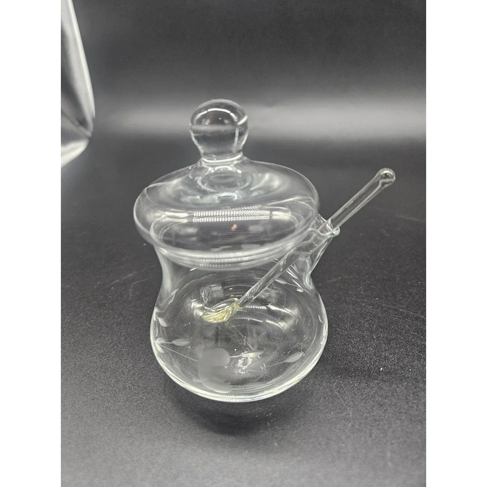 Princess House Crystal Heritage Etched Condiment or Jelly‎ Jar With Lid & Spoon